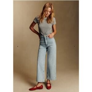 Sezane Le Crop Denim Wide Leg Crop Jeans High Waist Bleach Blue Size 48 US 16